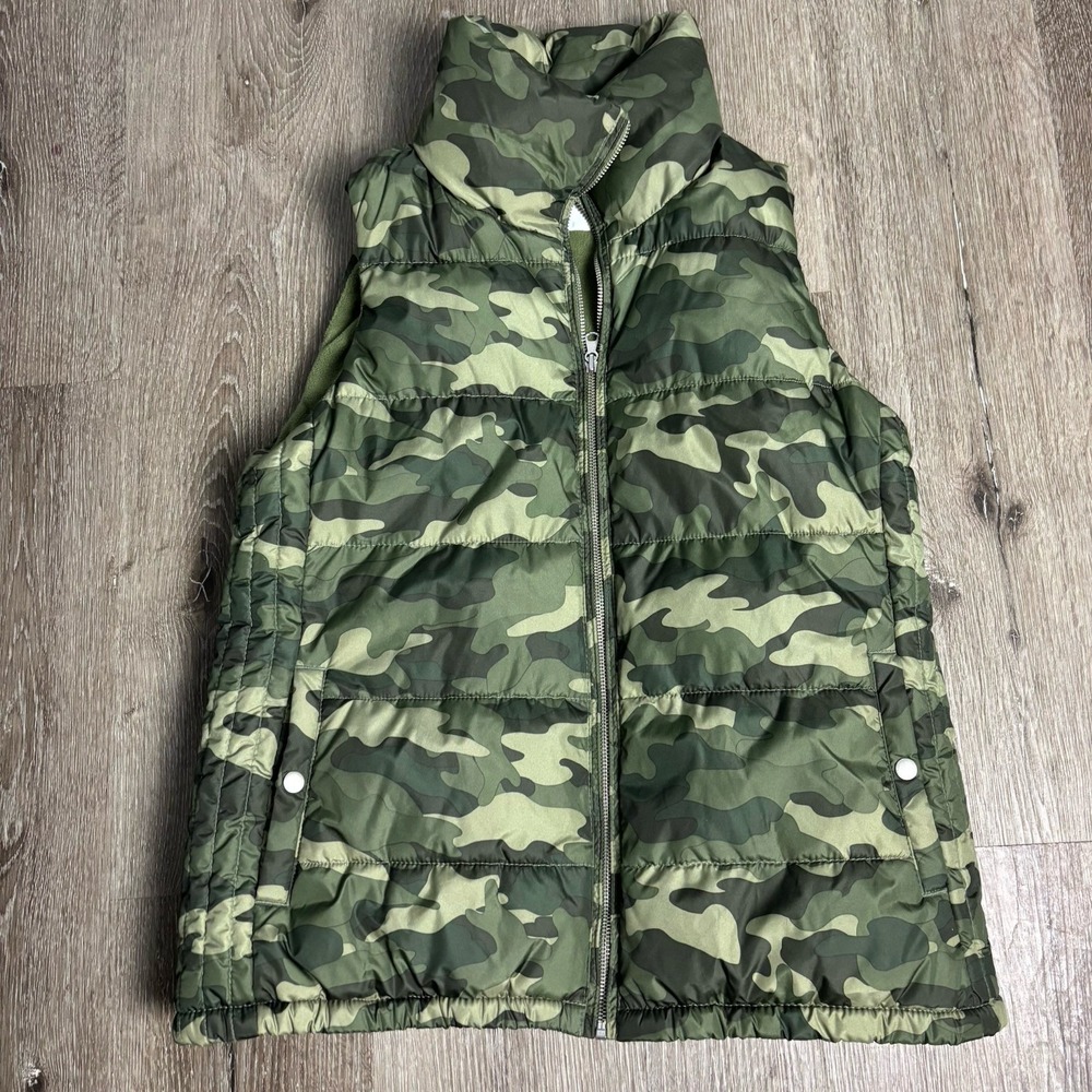 Old Navy Vest Womens M Green Camo Puffer Gorpcore Pockets Zip Up Fleece Lined